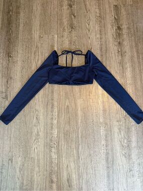 Navy Square-Neck Long Sleeve Crop Top with Back Tie